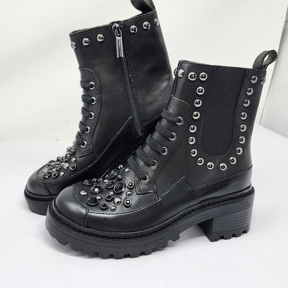 Karl Lagerfeld Women’s 5.5M Breck Black Studded Leather Moto Booties Chunky Heel